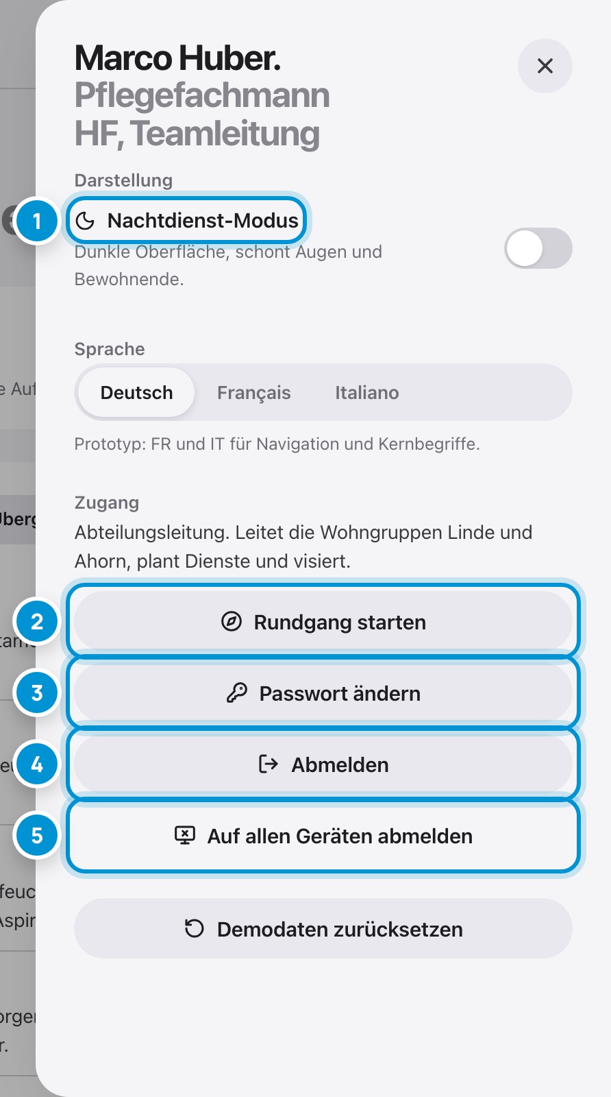 Ihr Benutzermenü. Passwort, Sprache, Abmelden.