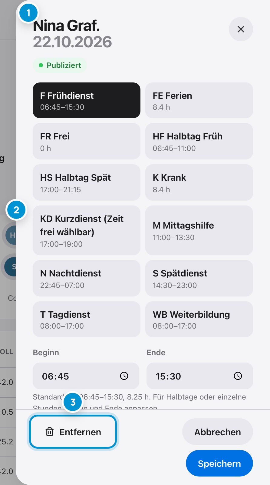 Einen Dienst ändern. Mit Bemerkung.