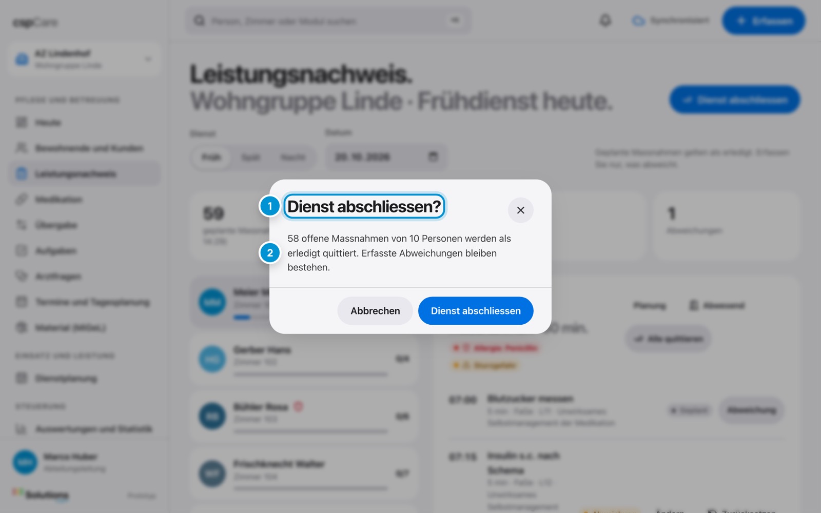 Dienst abschliessen. Leistungen freigeben.