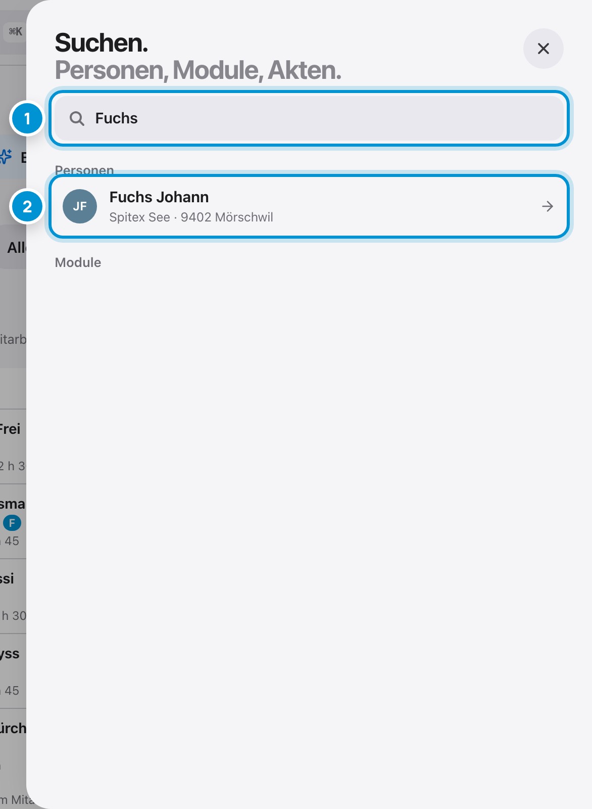 Suchen. Personen und Module finden.