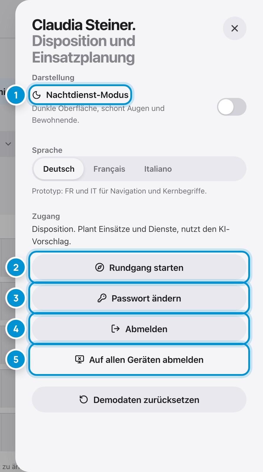 Ihr Benutzermenü. Passwort, Sprache, Abmelden.