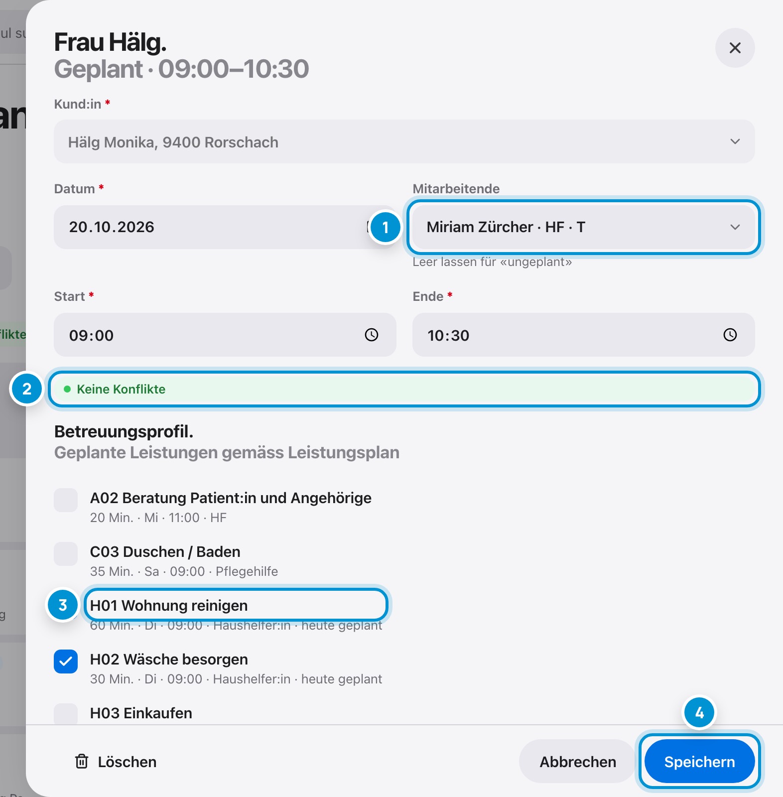 Einsatz bearbeiten. Zeit, Person, Leistungen.