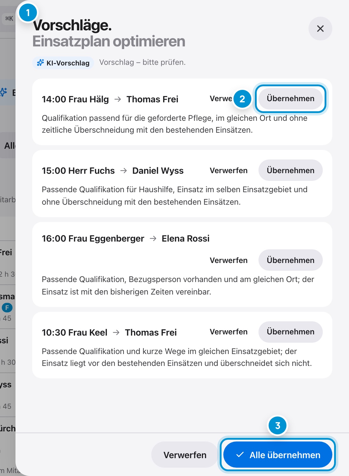 Einsatzplan optimieren. Vorschlag der KI.