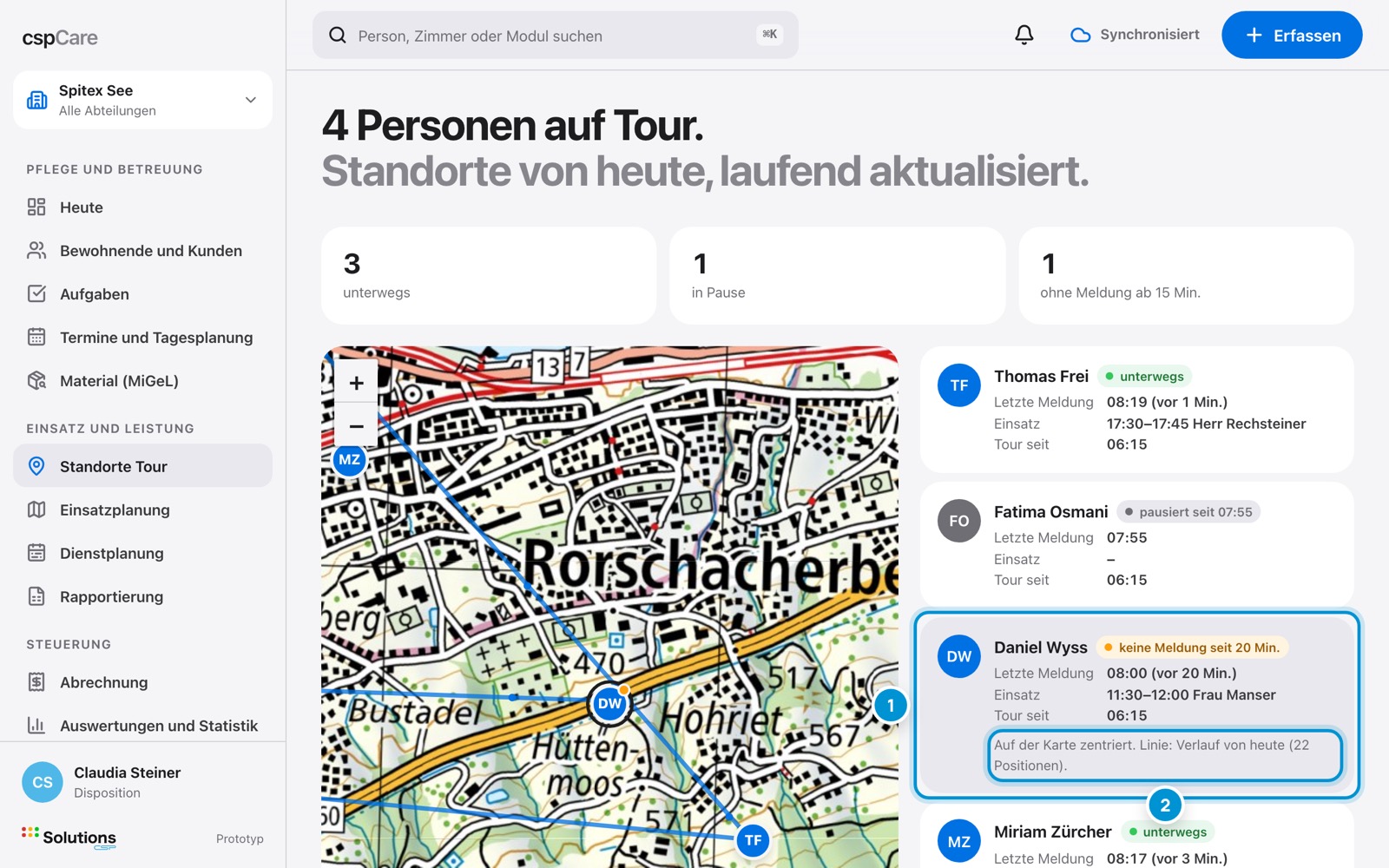 Verlauf einer Person. Auf der Karte.