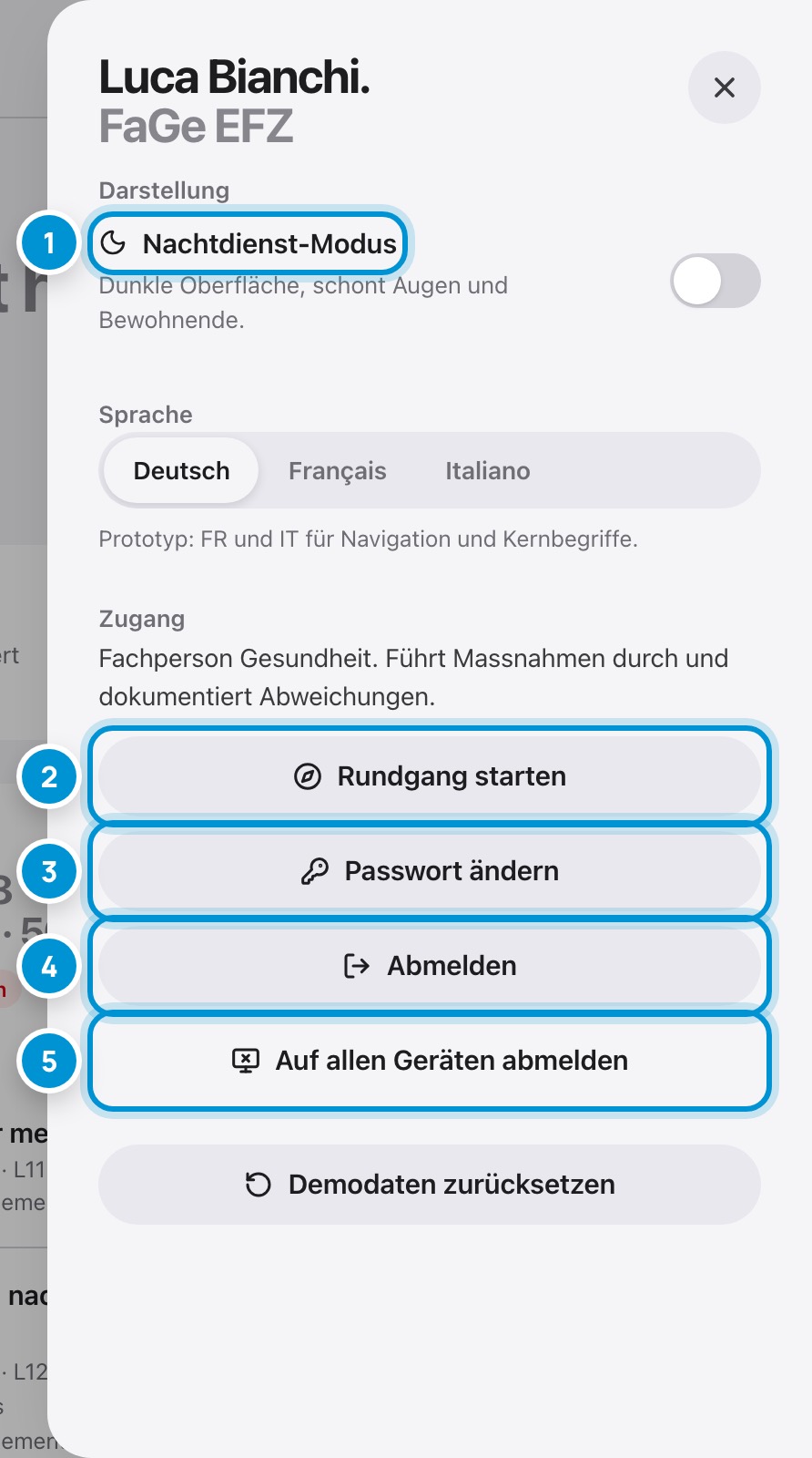 Ihr Benutzermenü. Passwort, Sprache, Abmelden.