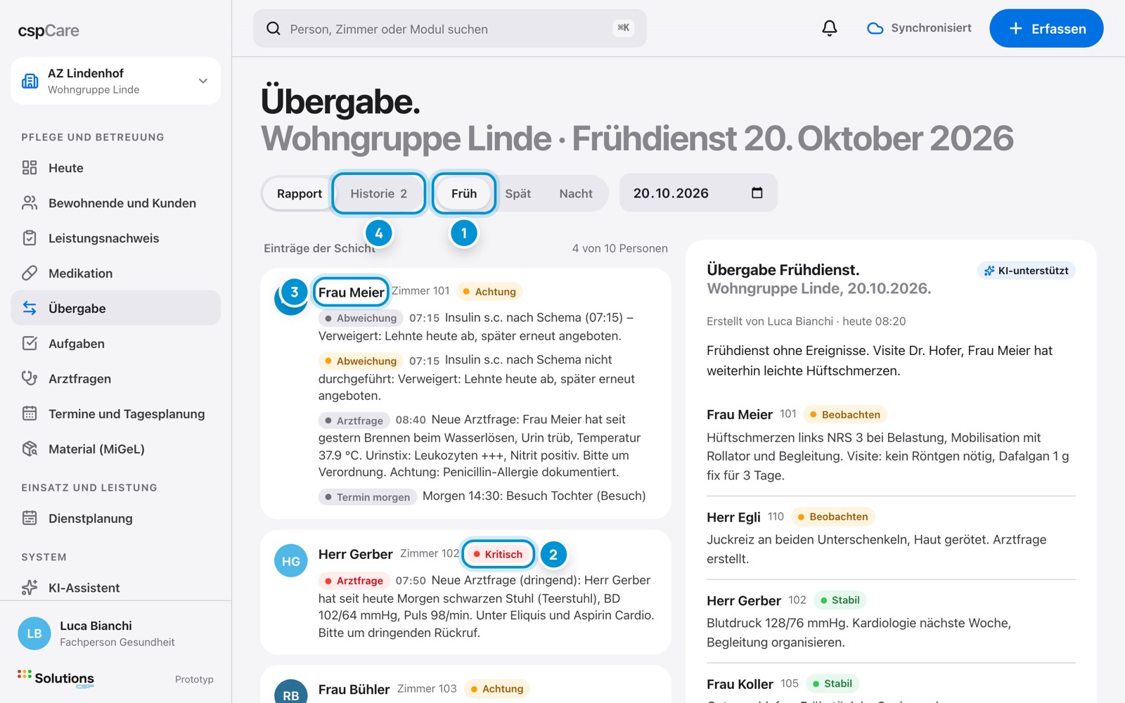 Übergabe lesen. Was seit gestern war.