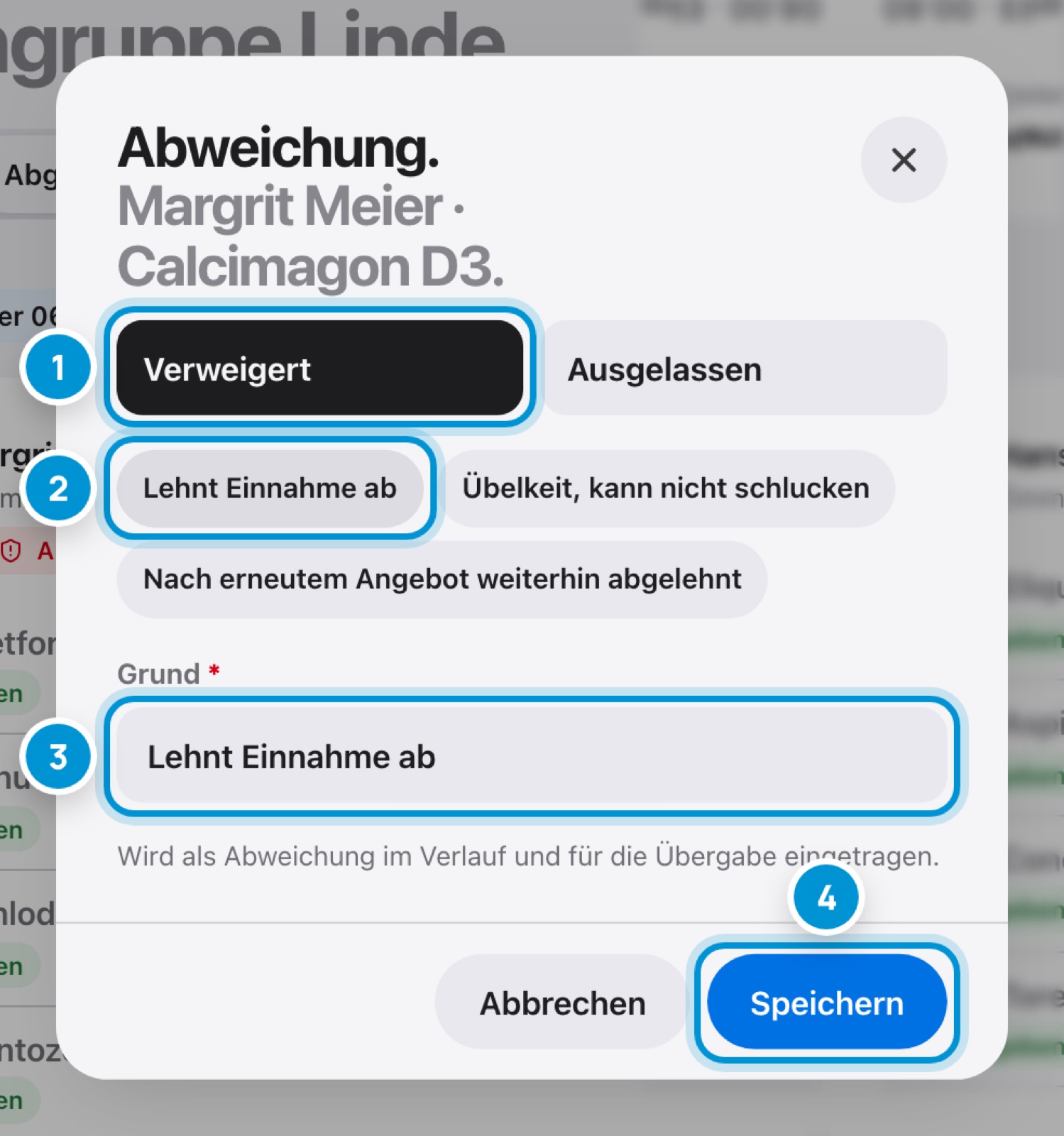 Nicht abgegeben. Abweichung mit Grund.