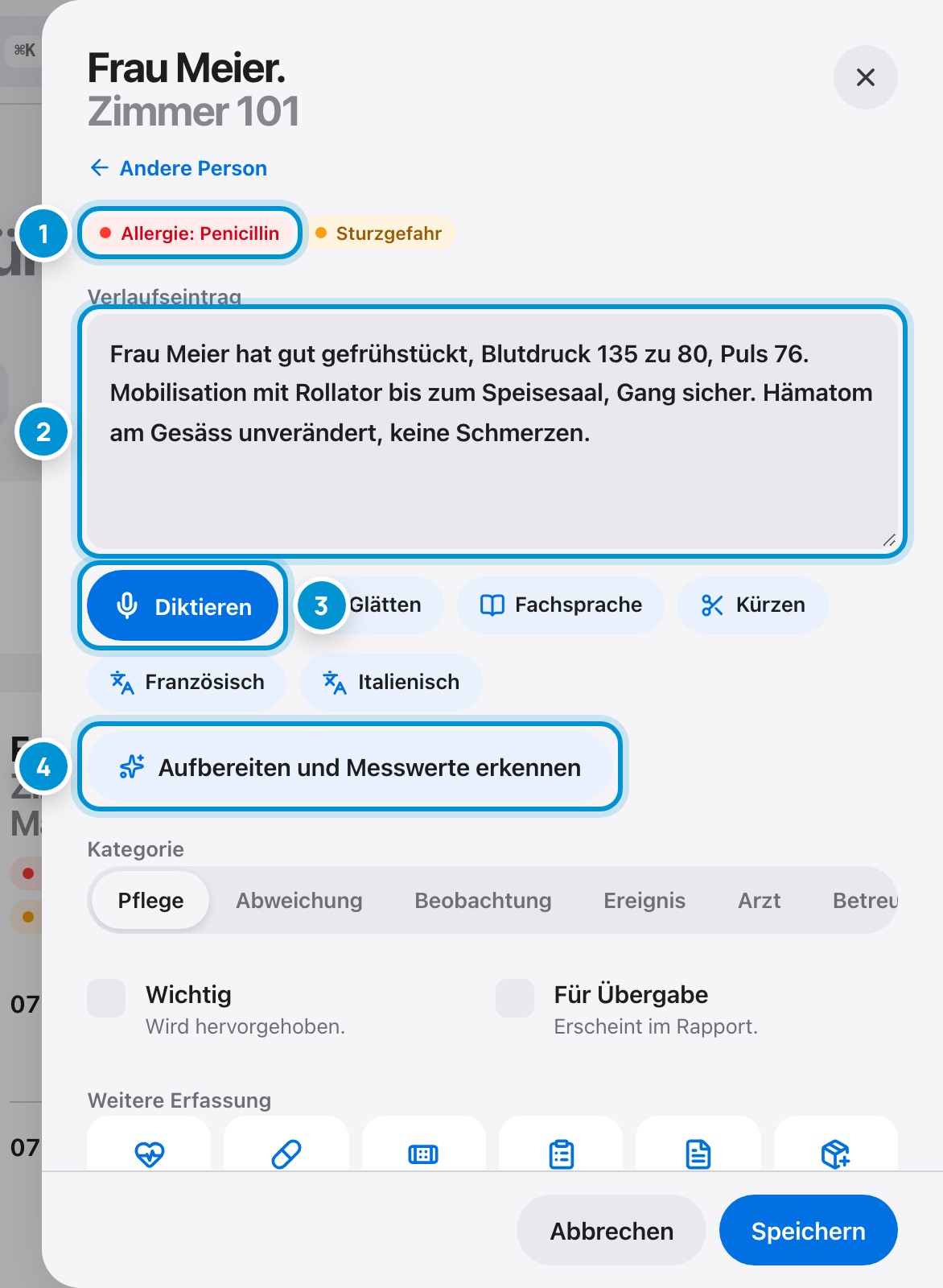Eintrag schreiben. Oder diktieren.
