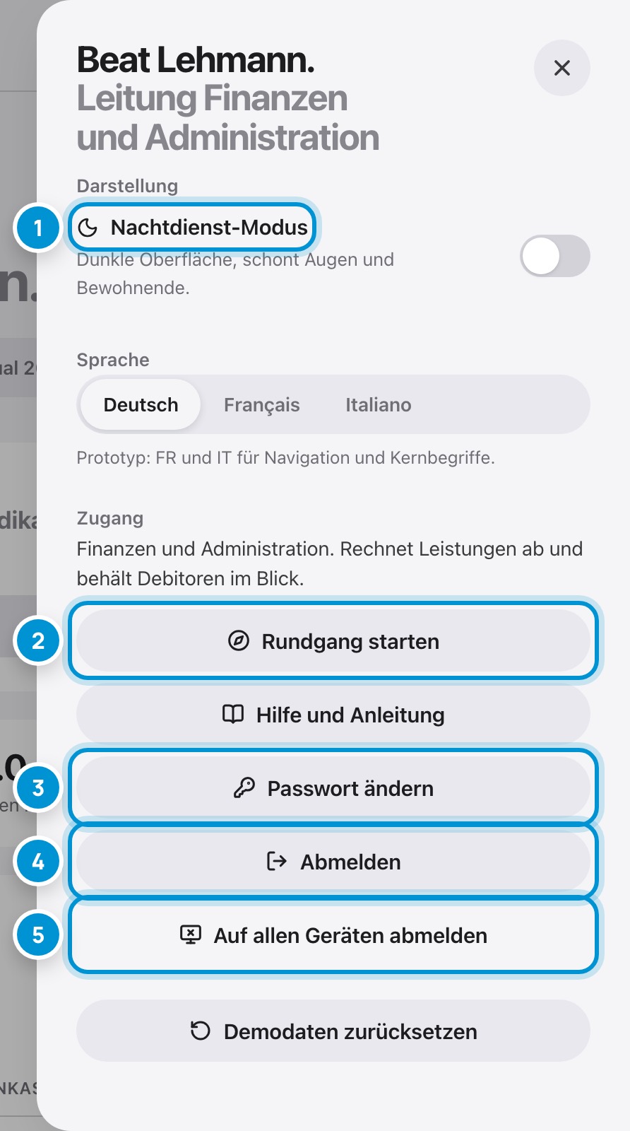 Ihr Benutzermenü. Passwort, Sprache, Abmelden.