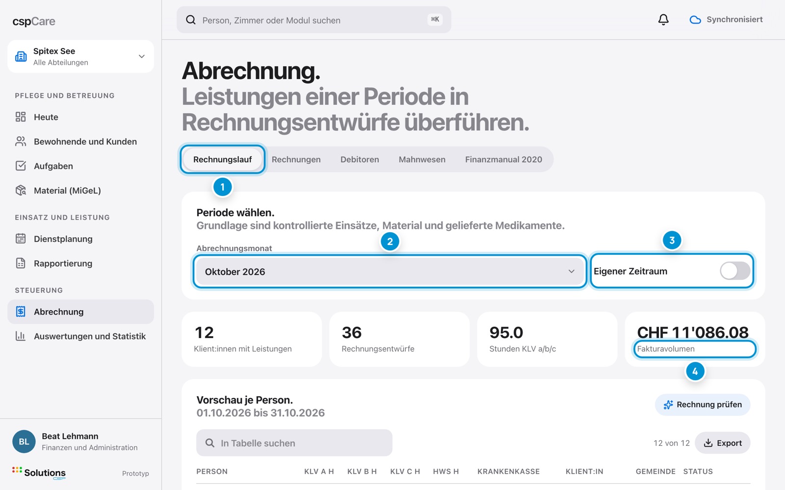Periode wählen. Monat oder eigener Zeitraum.