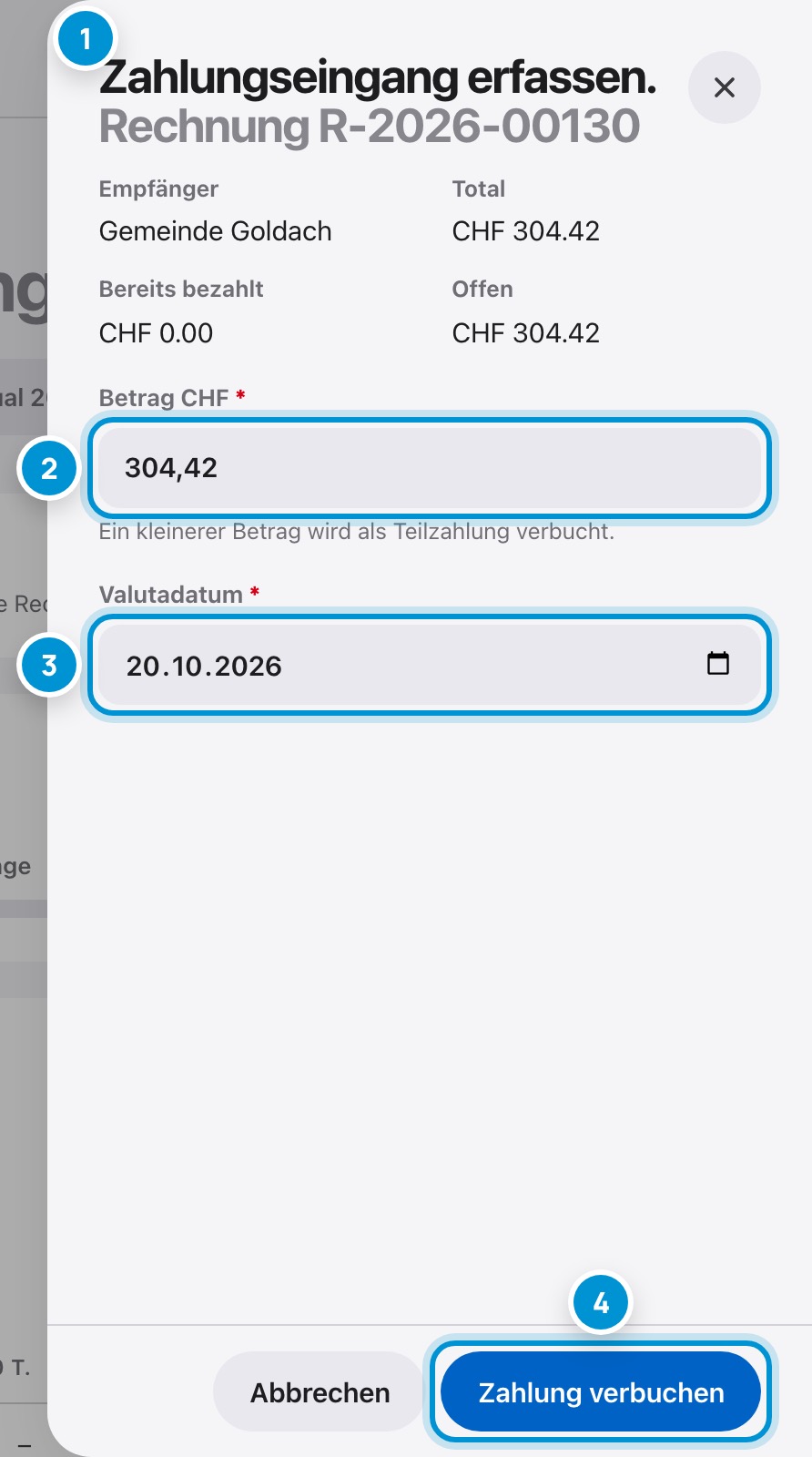 Zahlung verbuchen. Ganz oder teilweise.