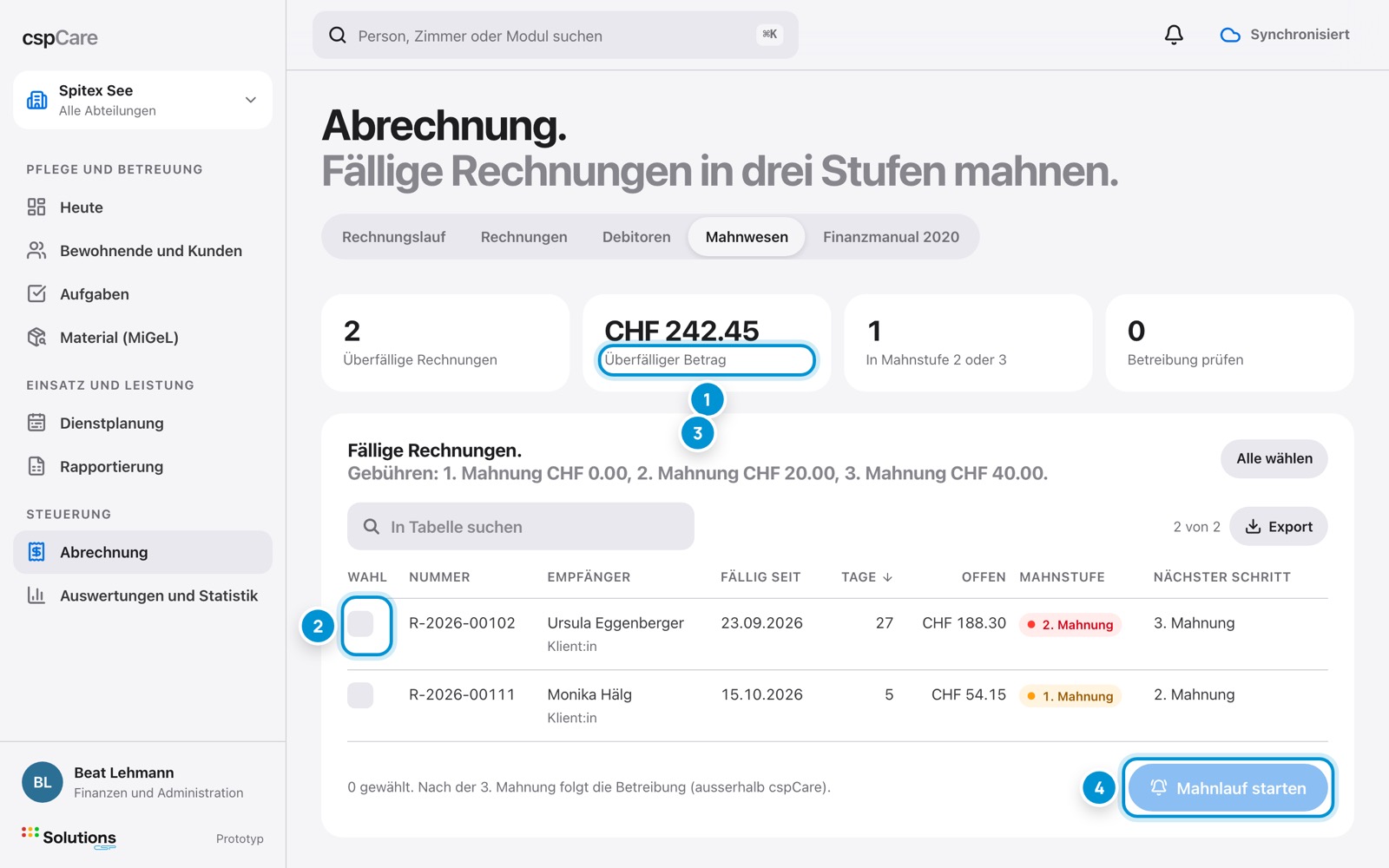 Fällige Rechnungen. Auswählen und mahnen.