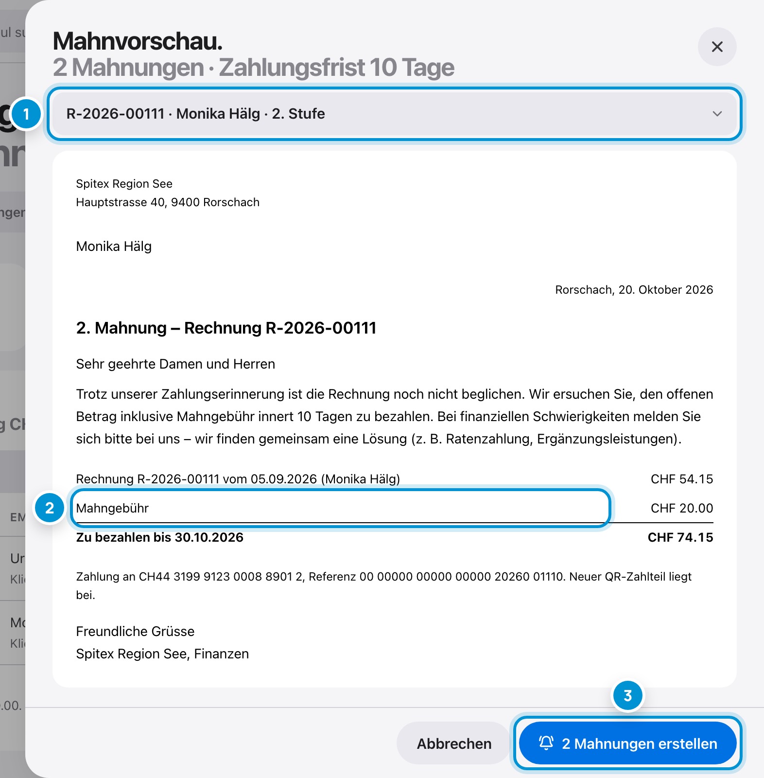 Mahnvorschau. Vor dem Erstellen.