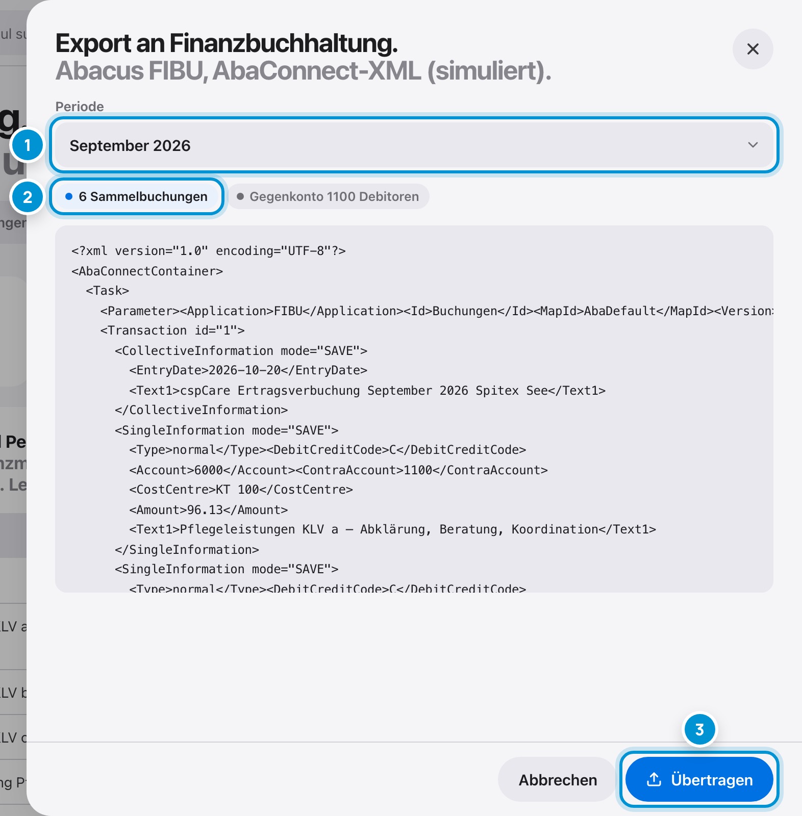 Export an Abacus. Sammelbuchungen.