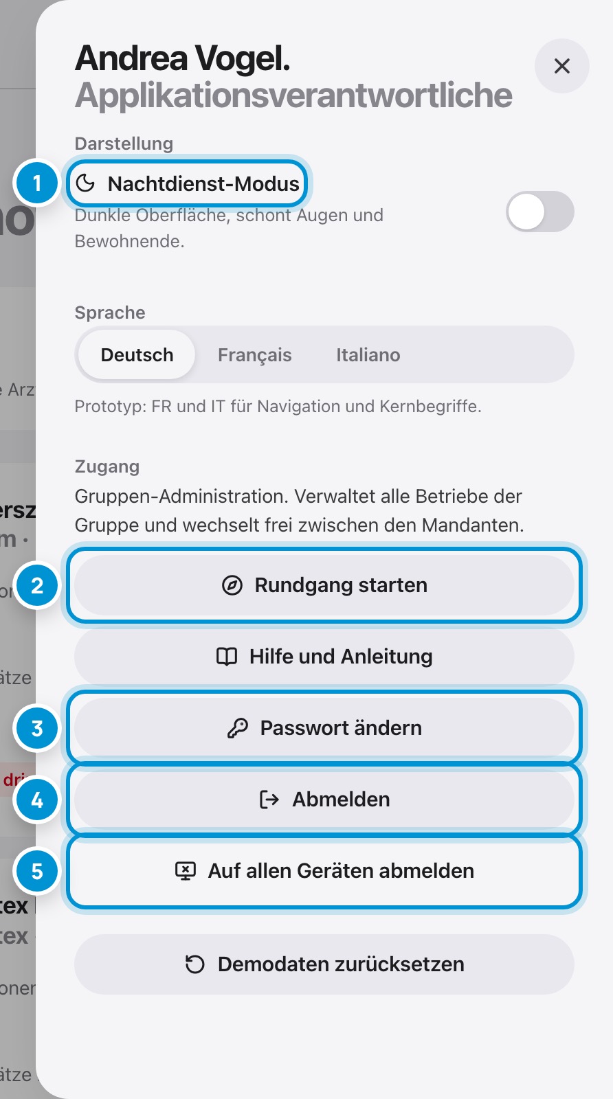 Ihr Benutzermenü. Passwort, Sprache, Abmelden.