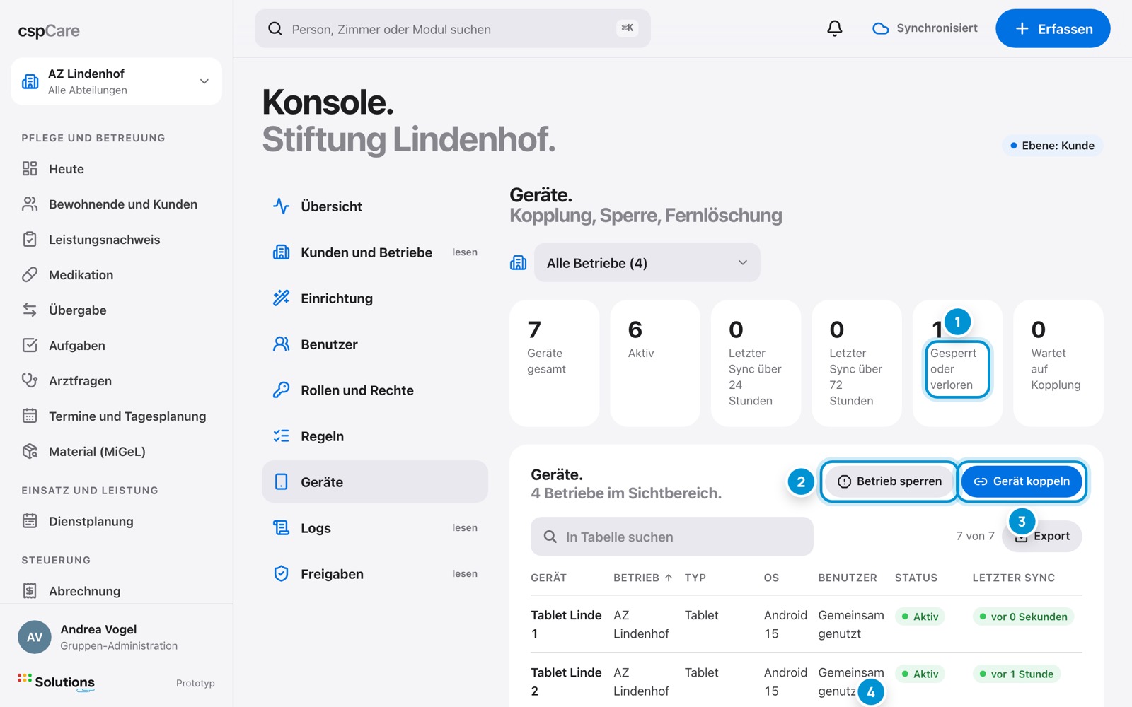 Geräte der Gruppe. Überwachen und sperren.