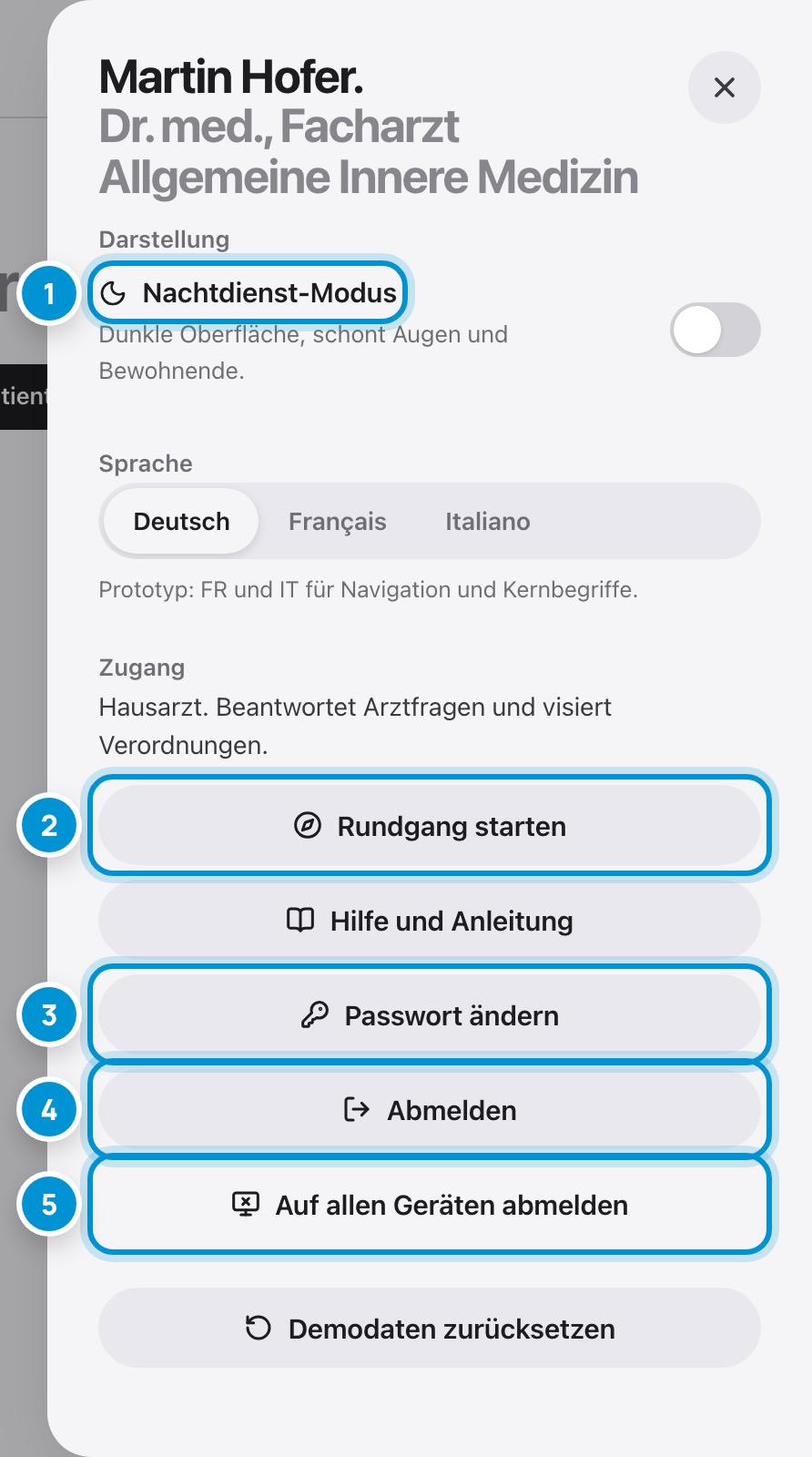 Ihr Benutzermenü. Passwort, Sprache, Abmelden.