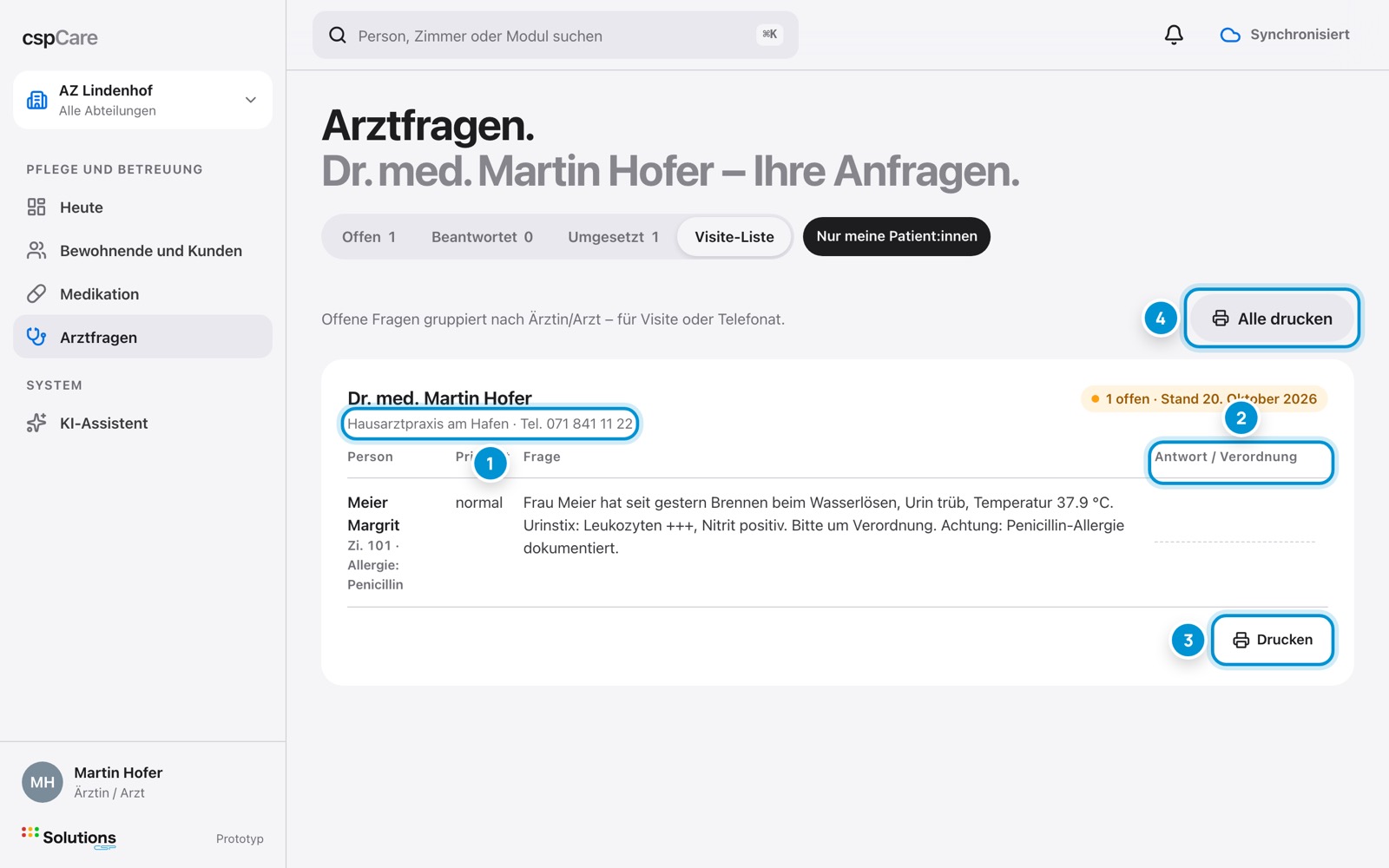 Visite-Liste. Für Visite und Telefon.