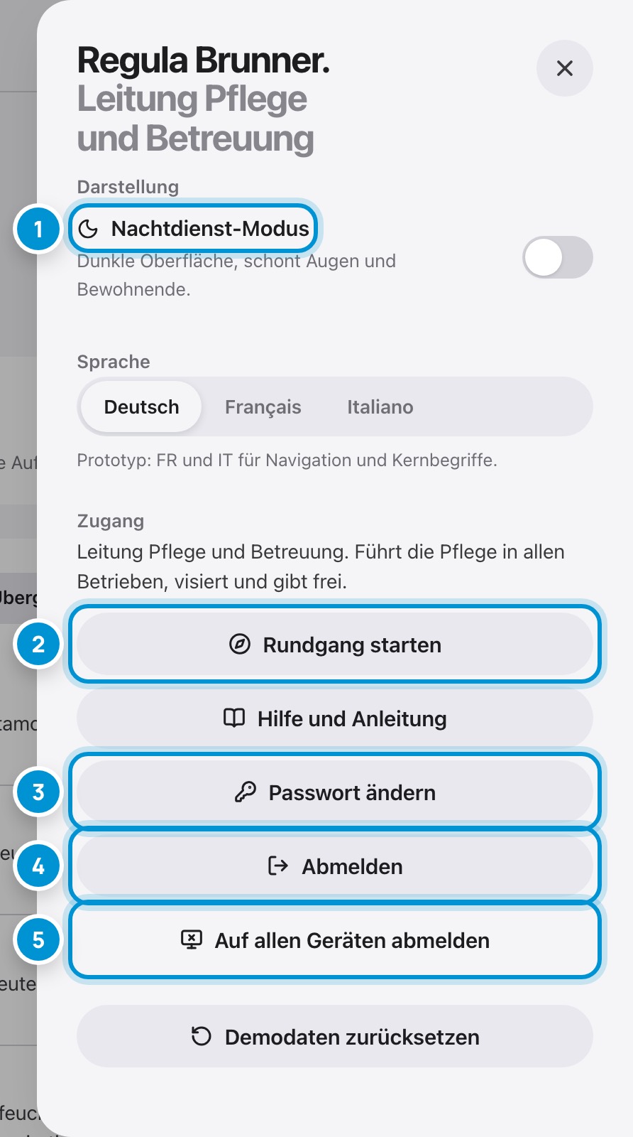 Ihr Benutzermenü. Passwort, Sprache, Abmelden.