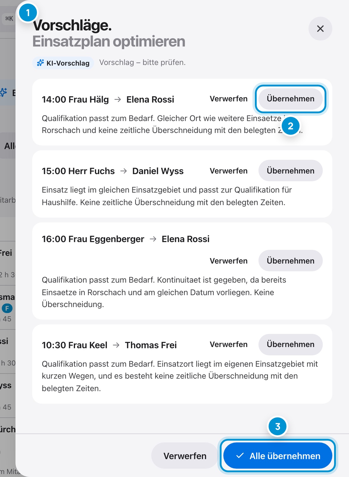 Einsatzplan optimieren. Vorschläge der KI.