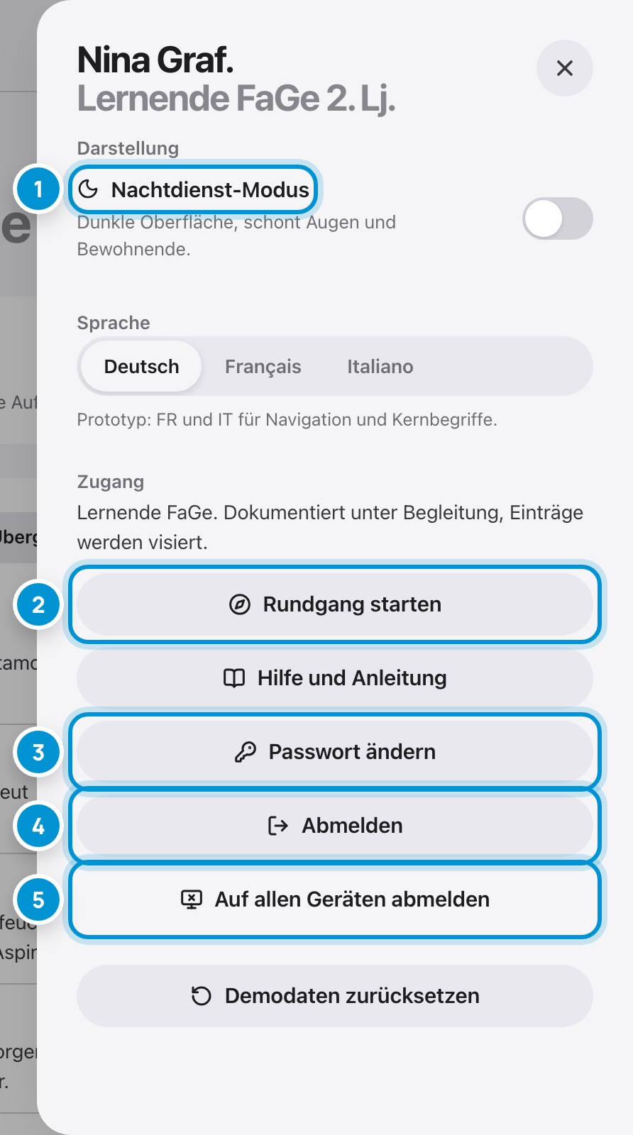 Ihr Benutzermenü. Passwort, Sprache, Abmelden.