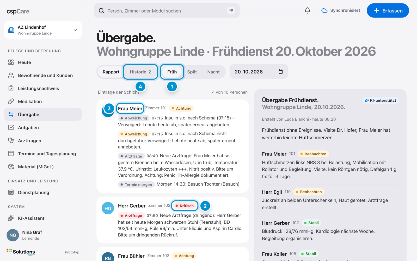 Übergabe lesen. Was seit gestern war.