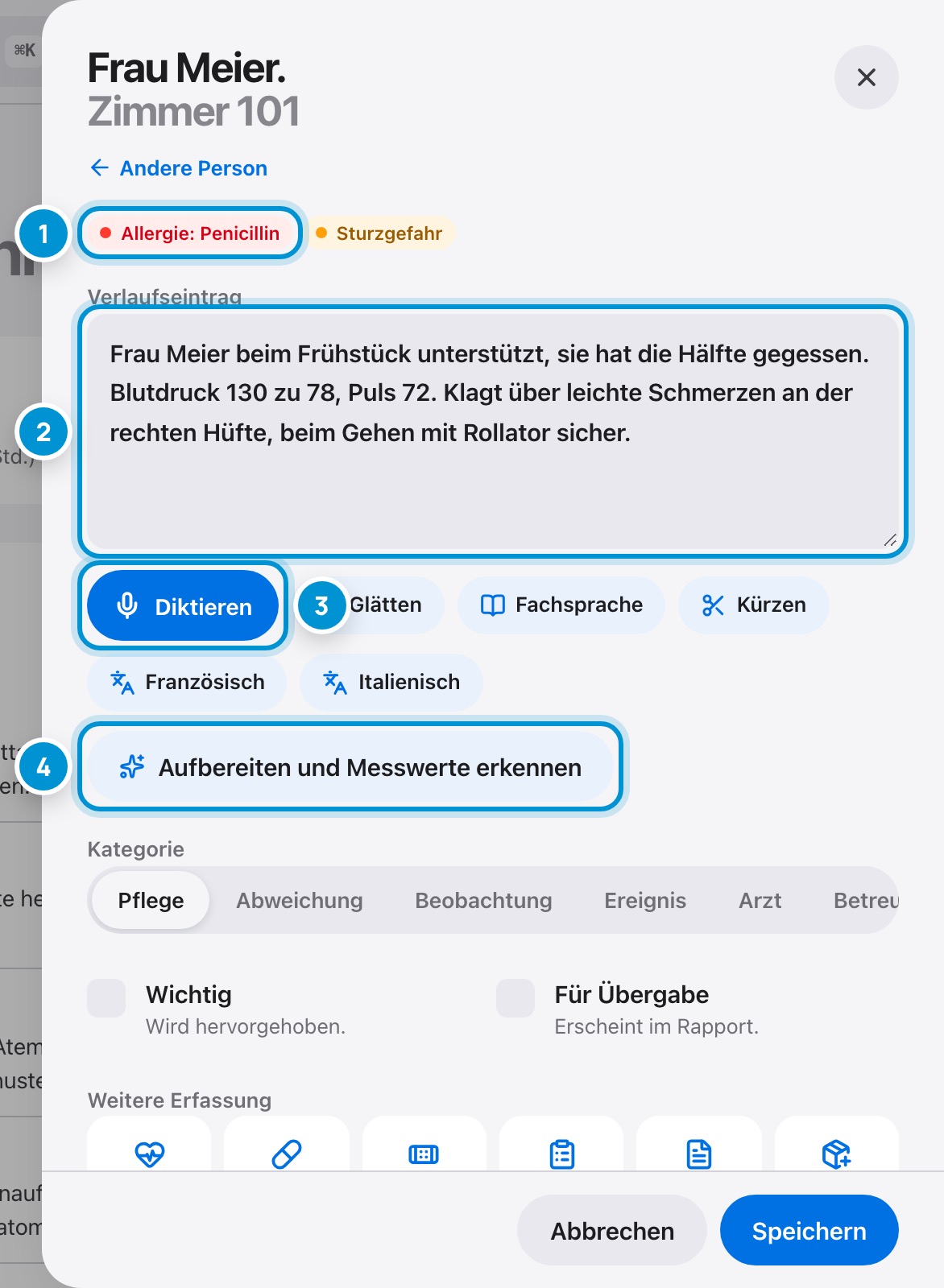 Eintrag schreiben. Oder diktieren.