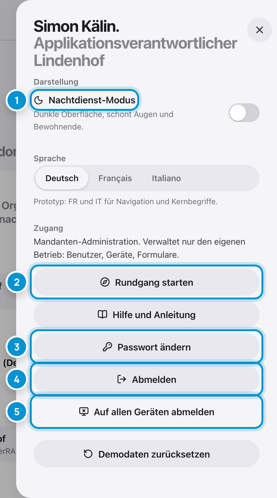 Ihr Benutzermenü. Passwort, Sprache, Abmelden.