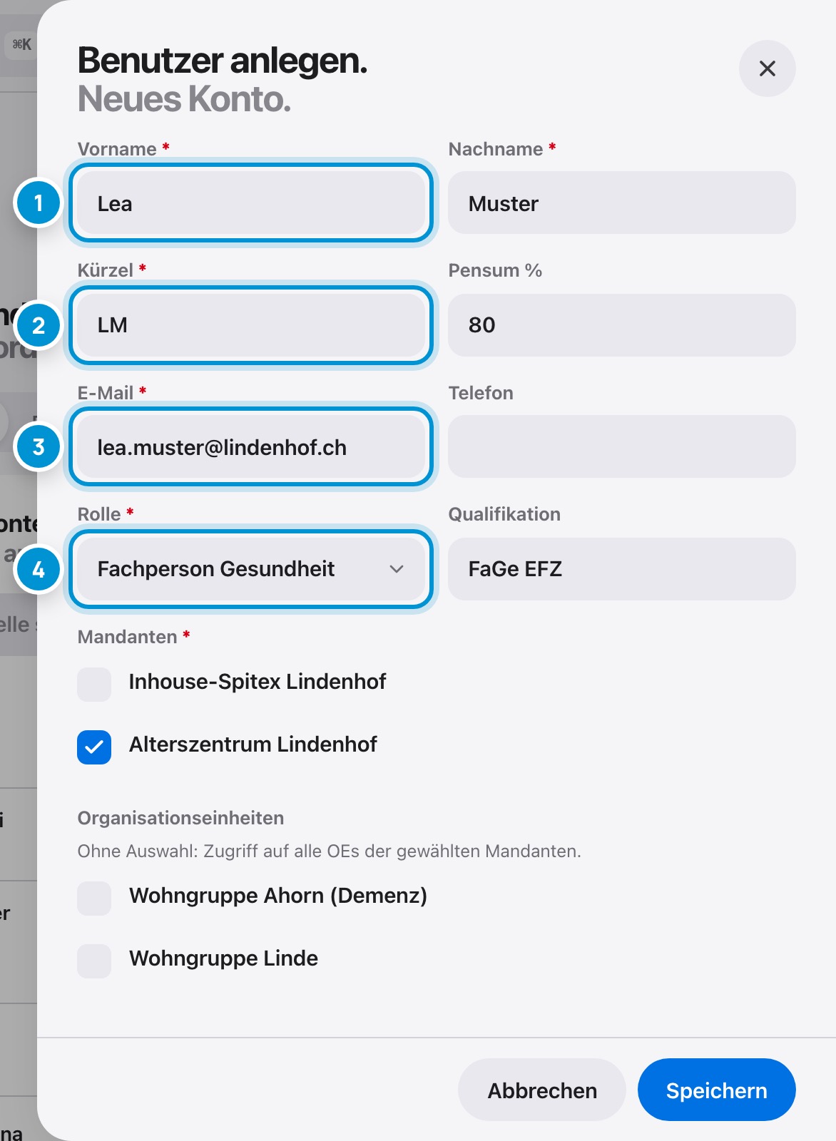 Benutzer anlegen. Name, Kürzel, Rolle.