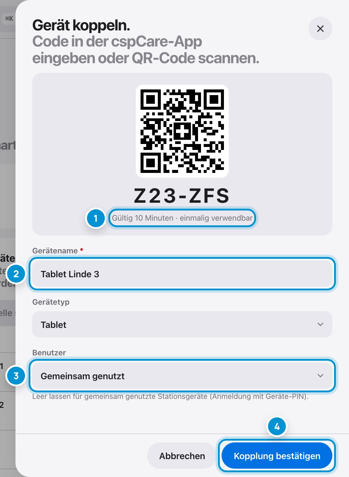 Gerät koppeln. Mit Code oder QR-Code.
