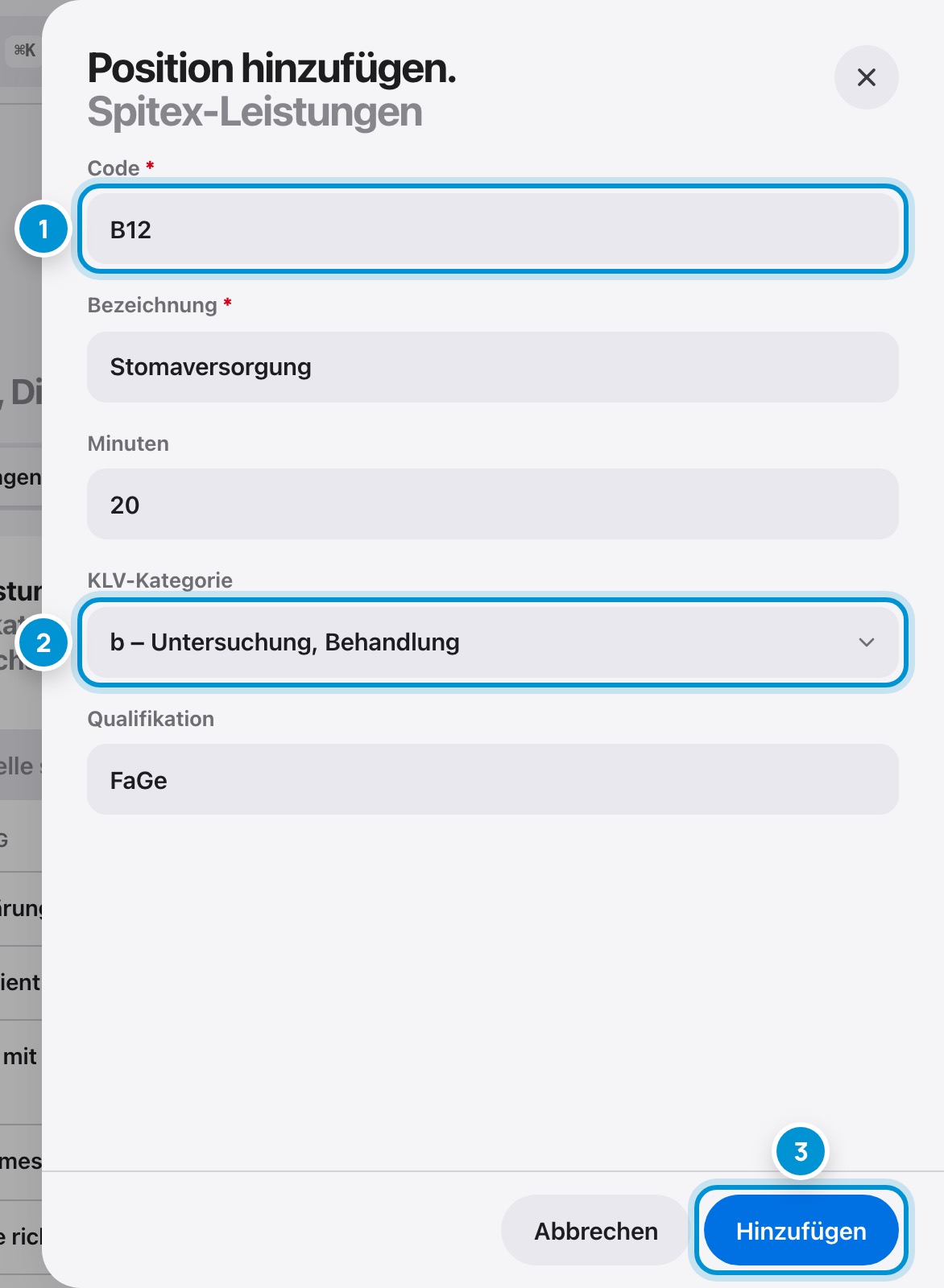Position hinzufügen. Ein Eintrag im Katalog.
