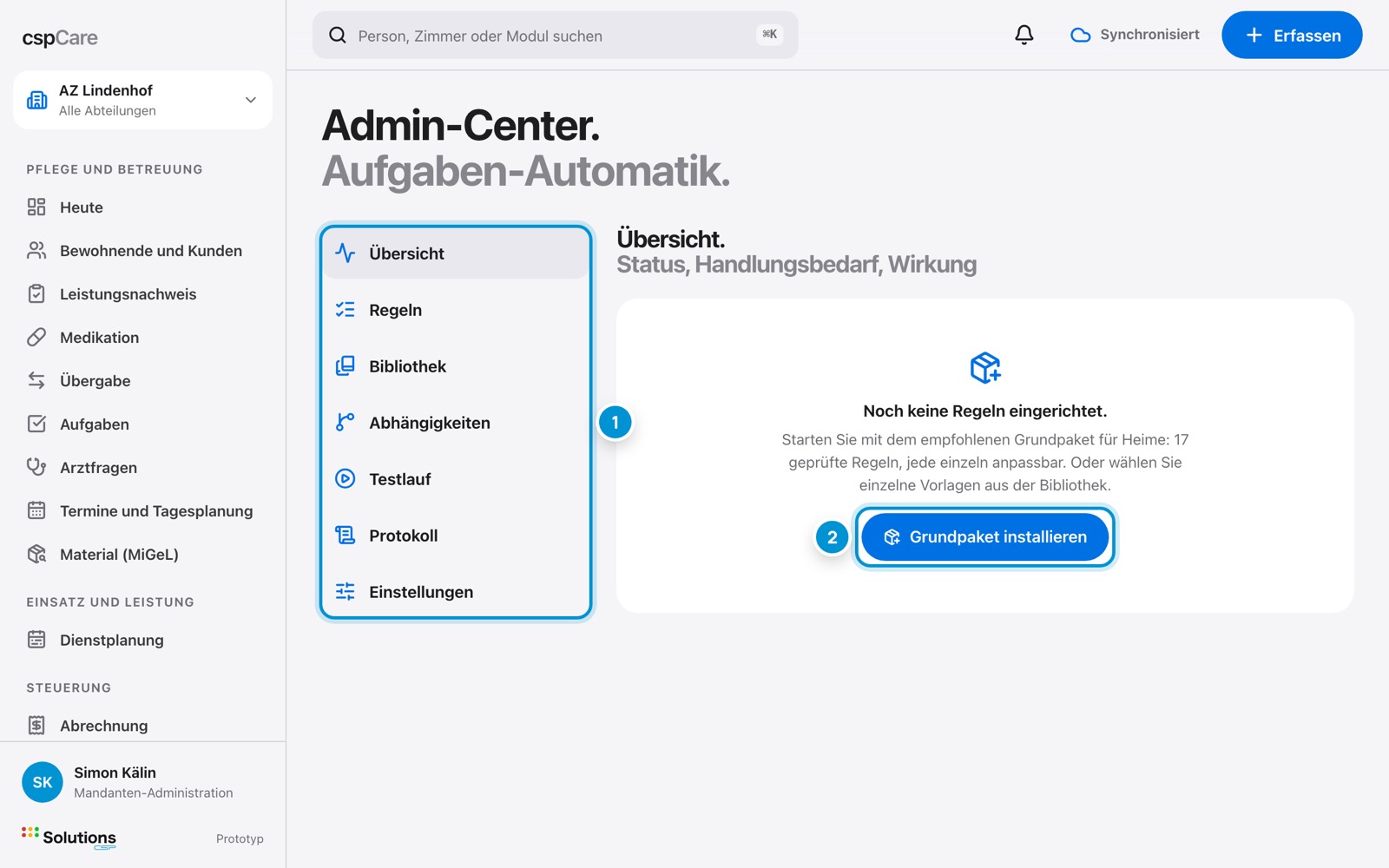 Das Admin-Center. Regeln für Aufgaben.