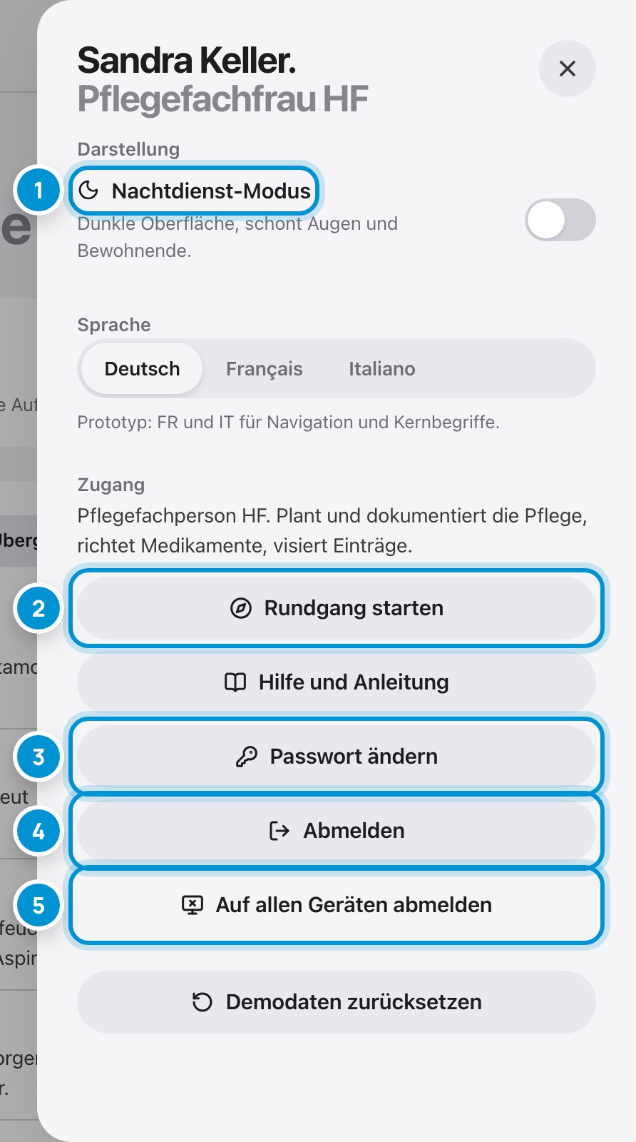 Ihr Benutzermenü. Passwort, Sprache, Abmelden.