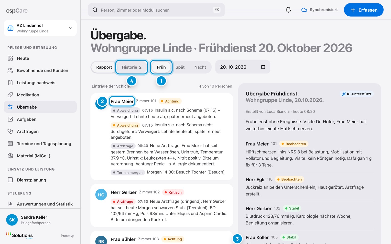 Übergabe lesen. Was seit gestern war.