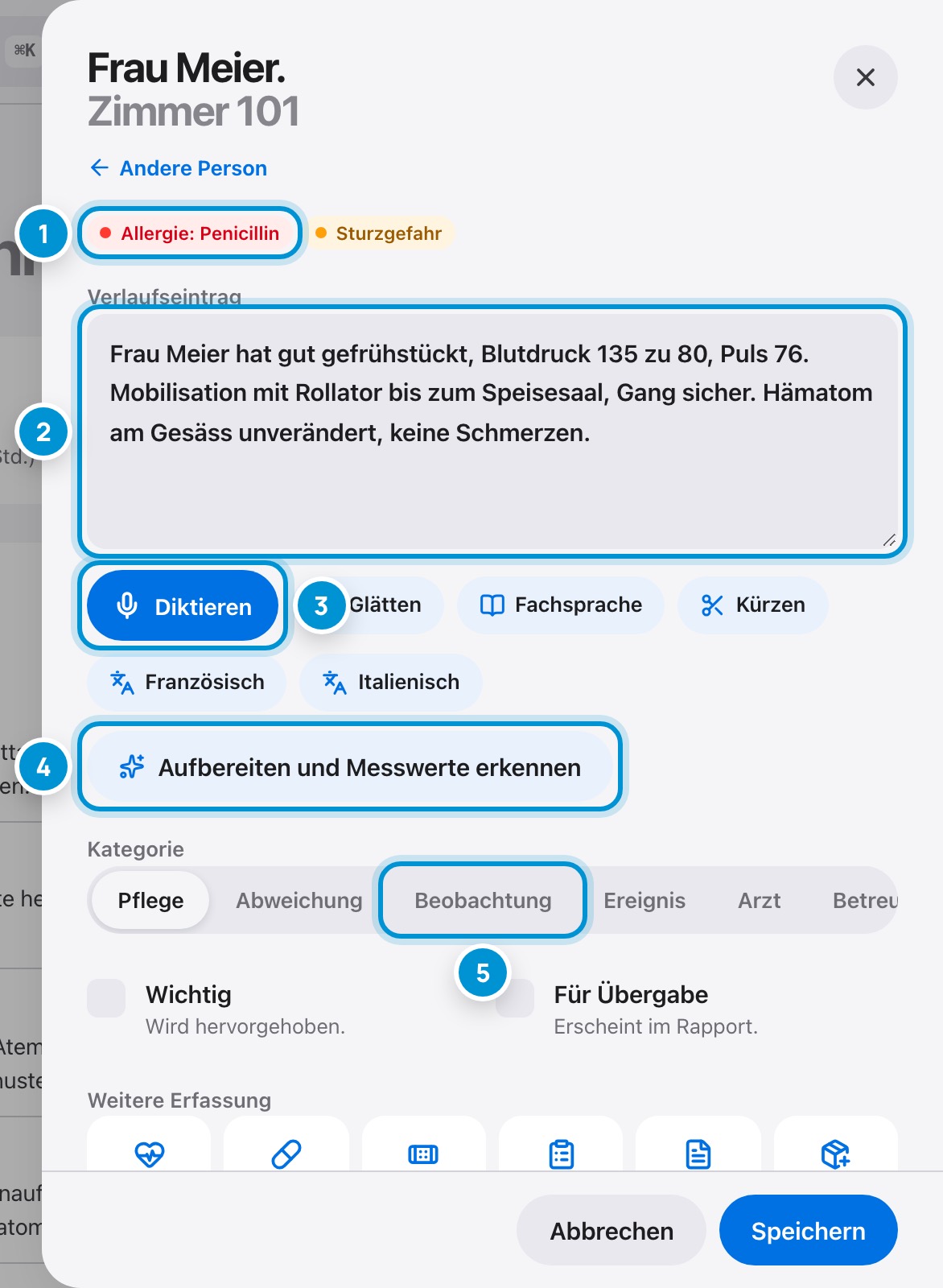 Eintrag schreiben. Oder diktieren.