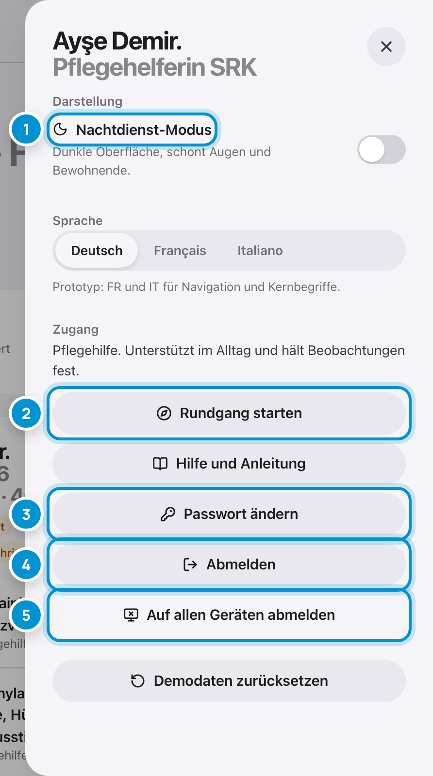 Ihr Benutzermenü. Passwort, Sprache, Abmelden.
