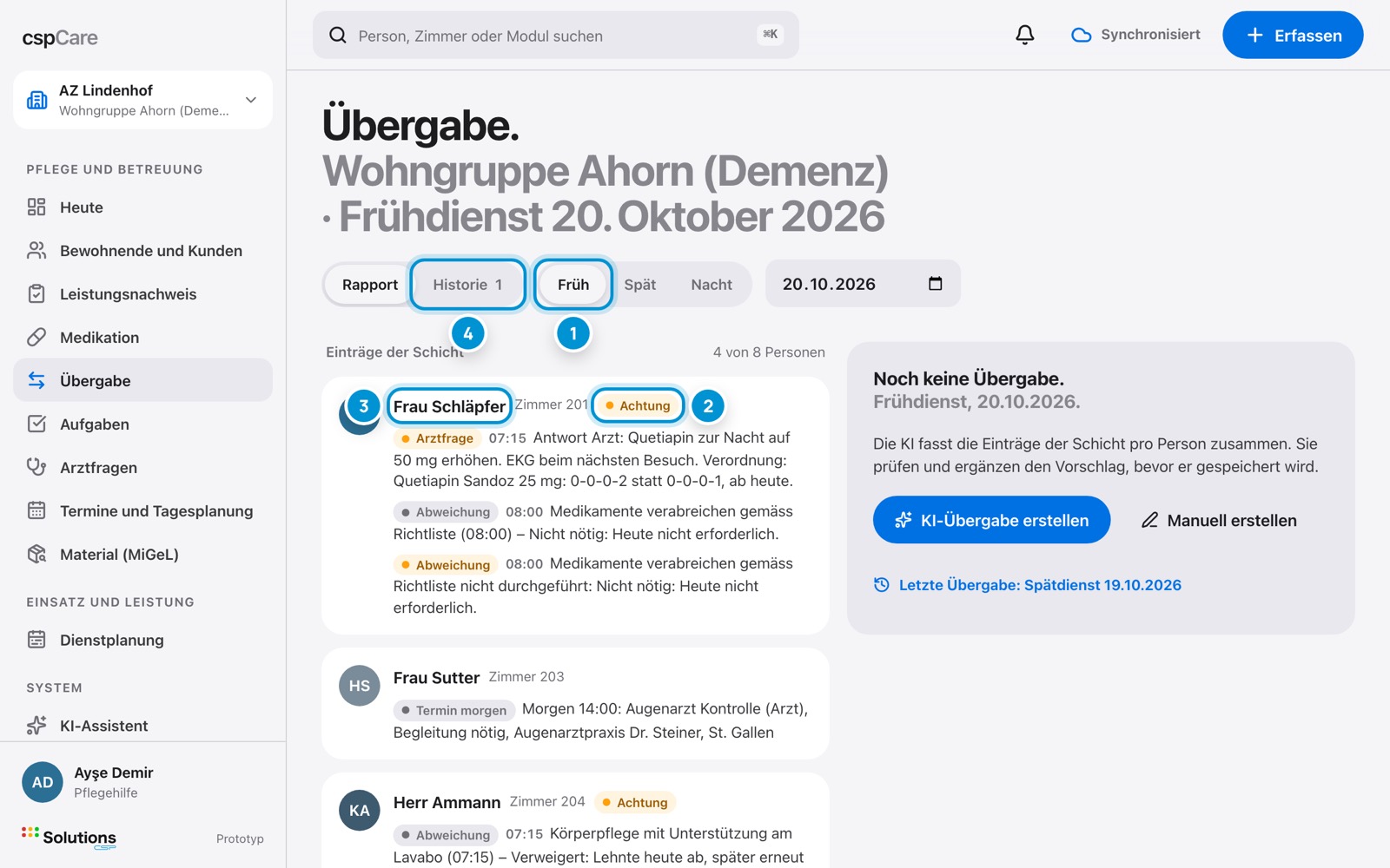 Übergabe lesen. Was seit gestern war.