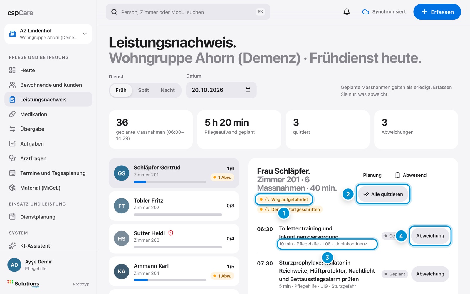 Massnahmen quittieren. Einzeln oder alle.