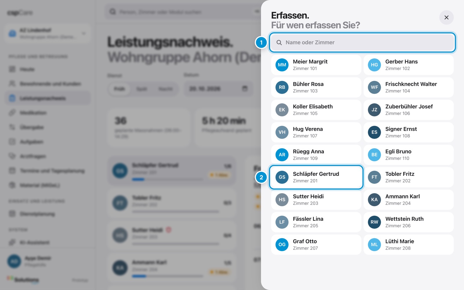 Erfassen öffnen. Person wählen.