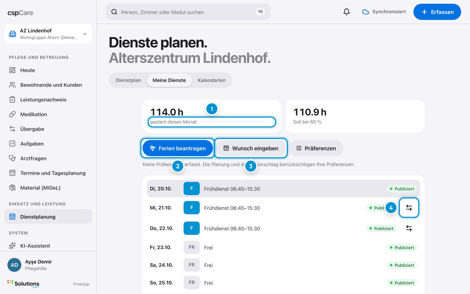 Meine Dienste. Plan, Ferien, Wünsche.